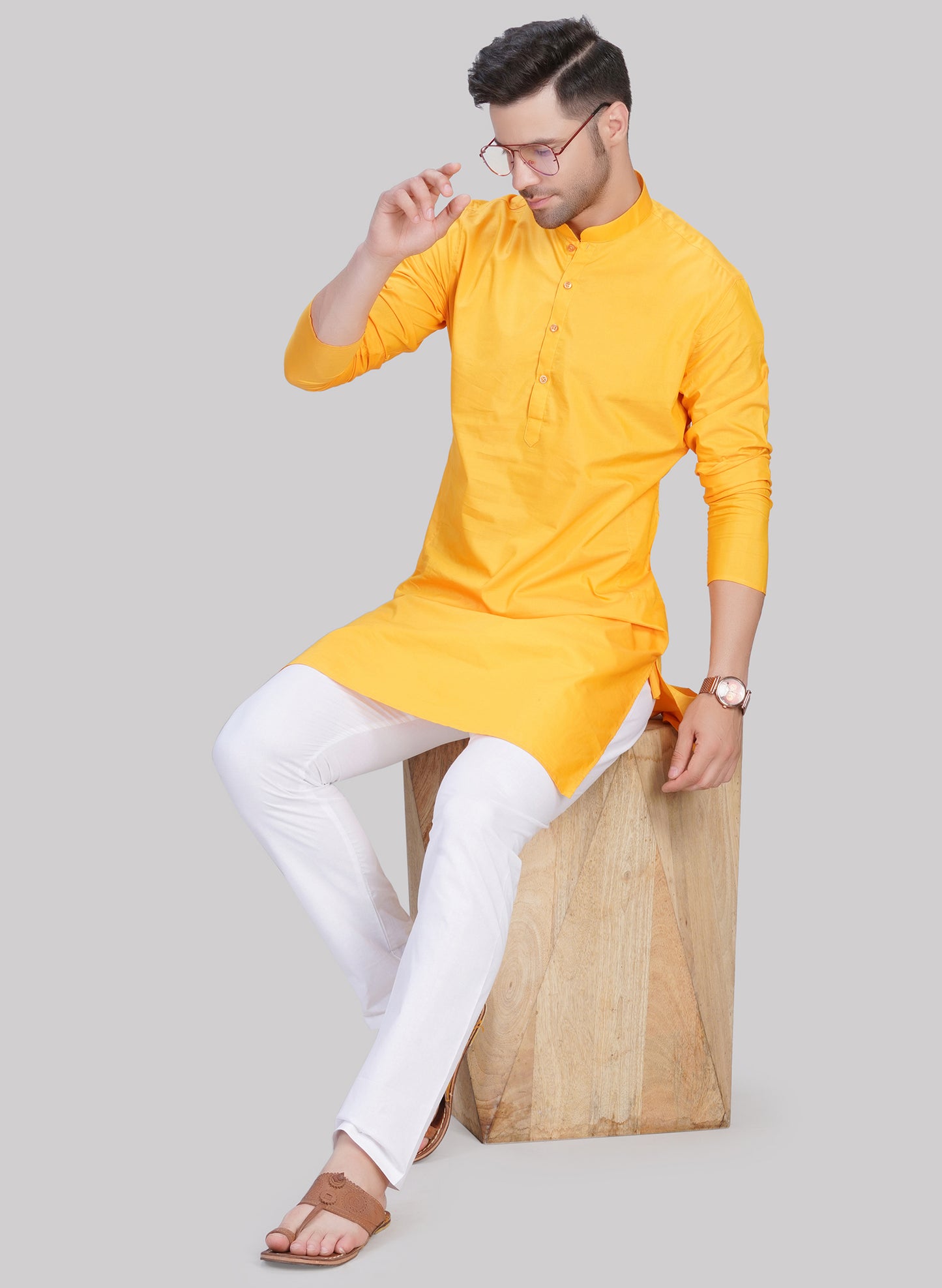 Abhimaan Men's Cotton Blend Lemon Kurta Pajama Set