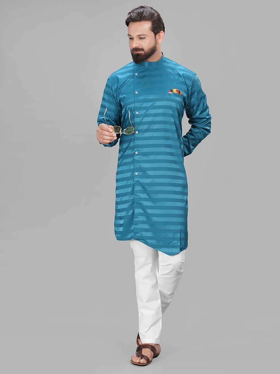 Abhimaan Straight Party Wear Peacock Blue Solid Kurta Pajama