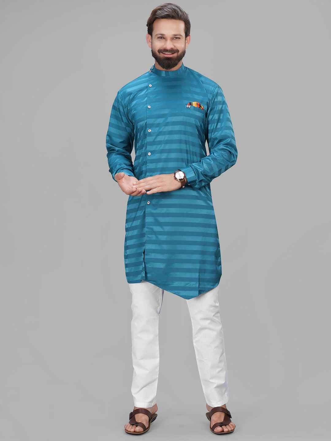 Abhimaan Straight Party Wear Peacock Blue Solid Kurta Pajama